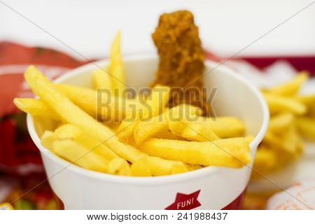 Ukraine, Kiev,05.13.2018: Delicious Fast Food In Supermarket. Kfc Fried Chiken, French Fries.america
