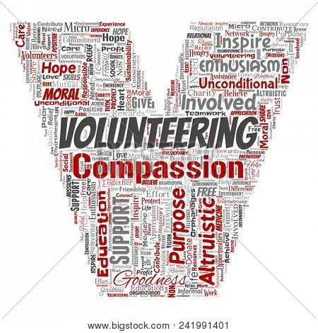 Conceptual volunteering, charity, humanitarian letter font V red word cloud isolated background. Collage of selfless, support, philanthropy, nonprofit,  goodness, togetherness, giving concept