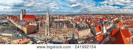 Aerial Panoramic View Of Frauenkirche, Marienplatz Town Hall And Old Town Hall In Munich, Bavaria, G