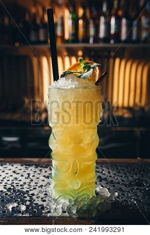 Yellow Cocktail Decorated With Mint Leaf Luxury.