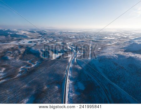 Aerial Sunny Winter View Of Abisko National Park, Kiruna Municipality, Lapland, Norrbotten County, S