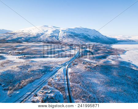 Aerial Sunny Winter View Of Abisko National Park, Kiruna Municipality, Lapland, Norrbotten County, S