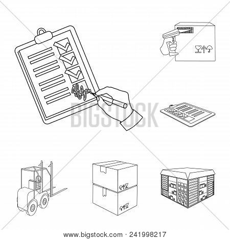 Logistics And Delivery Outline Icons In Set Collection For Design. Transport And Equipment Isometric