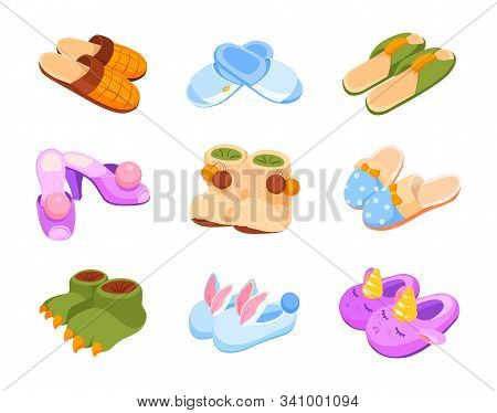 Set Of Home Slippers. Children Cute Slippers In The Form Of A Unicorn, Dinosaur And Rabbit. Home Sho