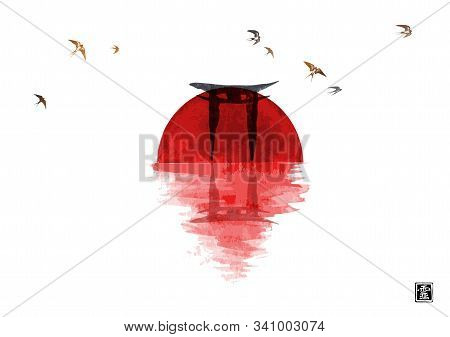 Sacred Torii Gates, Sunrise Sun Reflecting In Water And Small Swallow Birds In The Sky. Traditional 