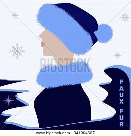 Girl In A Collar And A Knitted Hat With Fur Trim - Vector. Salon Of Fur Clothes. Winter Outerwear. F