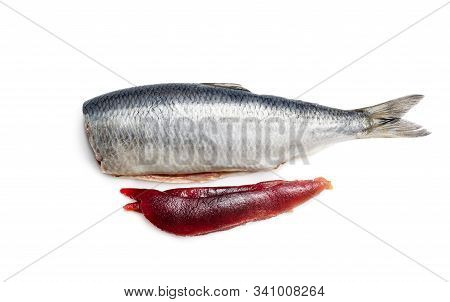 Fresh  Herring Fish With Caviar Isolated On White