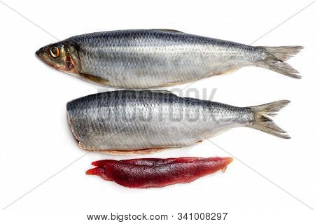 Fresh  Herring Fish With Caviar Isolated On White