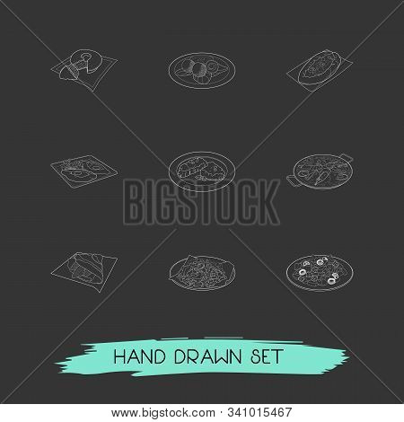 Set Of Culinary Icons Line Style Symbols With Spanish Paella, Turkish Pide, Greek Salad And Other Ic