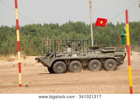Tyumen, Russia - August 11, 2019: International Army Games. Safe Route Contest. The Btr-82 Amphibiou