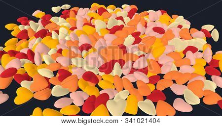 Abstract Background Of Warm Colorful Hearts Pile. Cg Render. Colors: Orange (saffron, Orange Peel), 