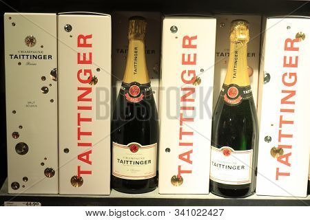 Amsterdam Schiphol Airport, The Netherlands - September 24th 2019: Taittinger Champagne, Bottles In 