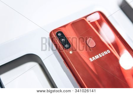 Turkey, Istanbul, December 20, 2019: Close-up Of The Back Cover Or Rear View Of The New Modern Samsu