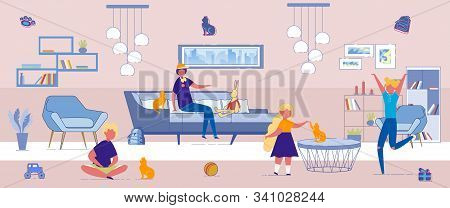 Flat Banner Health Problems From Domestic Cats. Children Play At Home In Room With Cats And Toys. Te