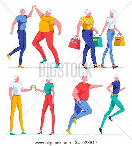 Old People Characters Spending Leisure Time Together Flat Cartoon Vector Illustration. Senior Men Gi