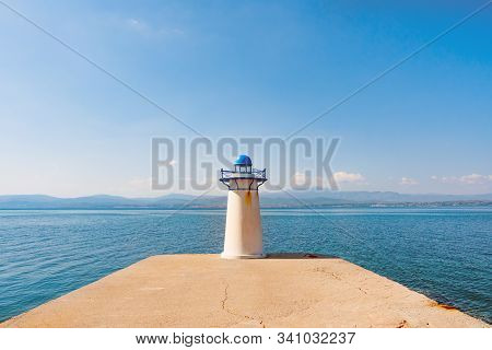 Lighthouse, Pike, Seamark On Seascape Background. Water Transport Background. Sea Transportation. Tr