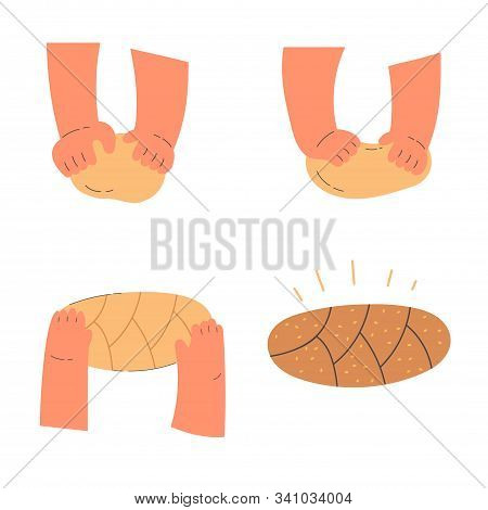 Hands Knead Dough, Line Drawing Isolated Symbols For Bakery At White Background.stages Of Preparing 