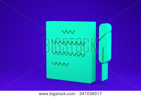 Green Feather Pen And Paper Scroll Icon Isolated On Blue Background. Minimalism Concept. 3d Illustra