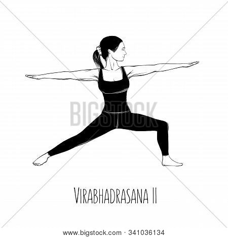 Vector Illustration Yoga Pose Virabhadrasana Ii. Girl Does Yoga Exercises - Vector