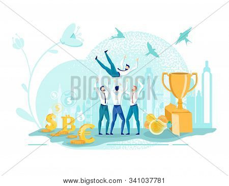 Cohesive Business Team Celebrating Success. Company Employees Lifting Up Top Seller In Office. Big C
