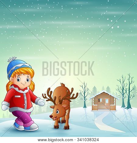 Little Girl With Deer On The Snowy Village