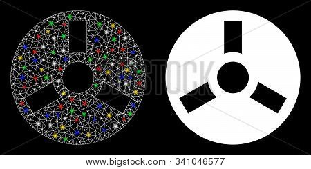 Glossy Mesh Bobbin Icon With Glare Effect. Abstract Illuminated Model Of Bobbin. Shiny Wire Carcass 