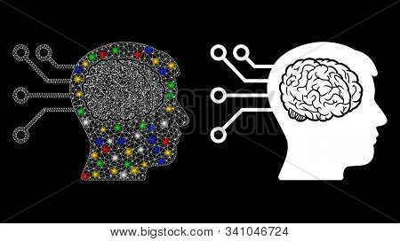 Flare Mesh Brain Computer Connection Icon With Glow Effect. Abstract Illuminated Model Of Brain Comp