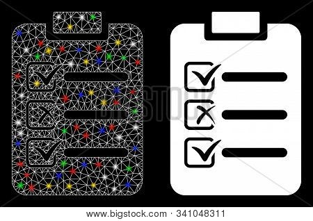 Bright Mesh Check List Icon With Sparkle Effect. Abstract Illuminated Model Of Check List. Shiny Wir