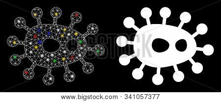 Glowing Mesh Microbe Icon With Sparkle Effect. Abstract Illuminated Model Of Microbe. Shiny Wire Fra