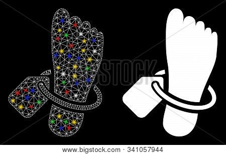 Glowing Mesh Morgue Tagged Foot Icon With Glitter Effect. Abstract Illuminated Model Of Morgue Tagge