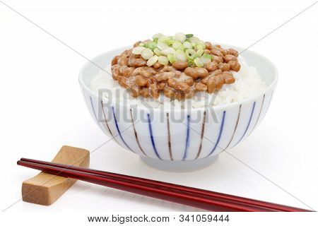 Japanese Cooked White Rice With Natto On White Background