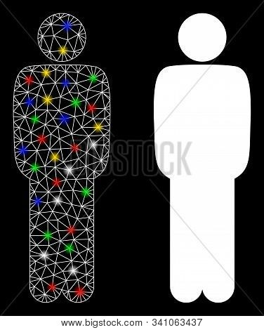 Glossy Mesh Standing Man Icon With Glow Effect. Abstract Illuminated Model Of Standing Man. Shiny Wi