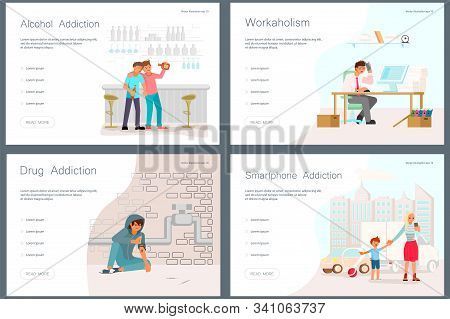 Set Of Landing Web Page Template Addicted And Bad Habits People. Unhealthy Lifestyle. Alcoholism Dru