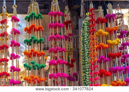 Colorful Hanging Decorations On Display For Sale In Chandi Chowk Old Delhi.
