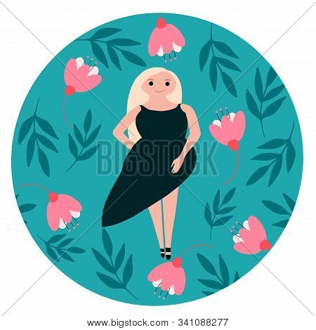 illustration with a blond girl in green dress  in a hand drawn frame with flowers and leaves in colors of mentol and pink. Illustrations to Womens day.Application in the printing industry, merchandise , production of stickers