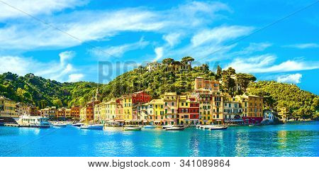 Portofino Luxury Landmark Panorama. Village And Yacht In Little Bay Harbor. Liguria, Italy