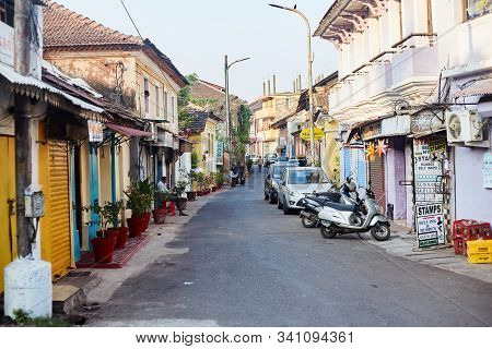 Panaji, India - December 15, 2019: A Narrow Lane Surrounded By Colorful Portuguese Houses In Panjim,