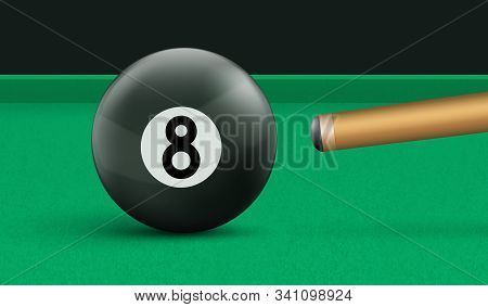 Billiard Eight Ball And Cue On Green Cloth Table. Vector Realistic Illustration Of Pool Game With Bl