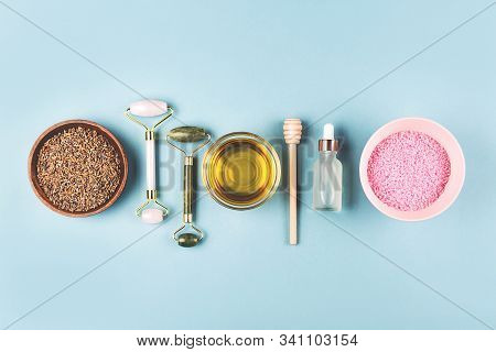 The Modern Apothecary Or Home Spa Composition. Selfcare, Relaxation And Beauty Items. Jade Rollers, 
