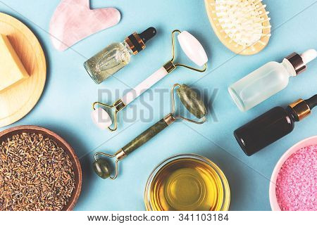 The Modern Apothecary Or Home Spa Composition. Selfcare, Relaxation And Beauty Items. Jade Rollers, 
