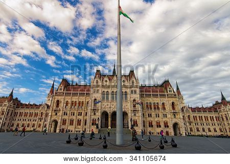 Budapest, Hungary-october 01, 2019: Panoramic View Of The Hungarian Parliament Building. It Was Desi