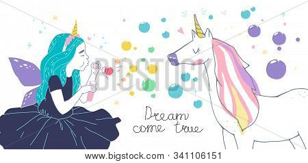 Girl Dressed As Fairies And Cute Unicorn