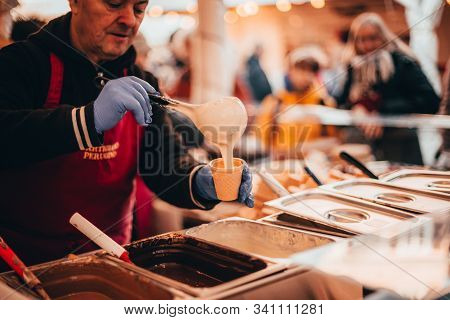 Tübingen, Germany - December 6, 2019: Chocolate Market Chocolart With Christmas Booths And Stalls Wi