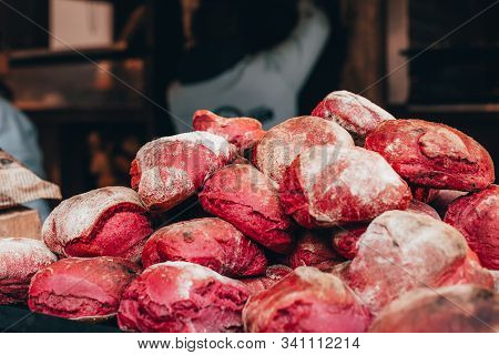 Bread On A Stick And Red Burger Buns Baked In A Wood Stove With Pulled Pork Chocolate Market Chocola