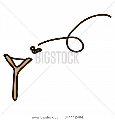 Wooden Catapult Slingshot. Isolated On Blue Background