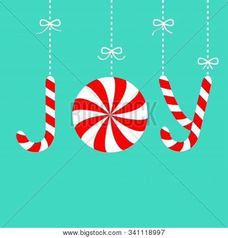 Joy Text Lettering Hanhing On Dash Line With Bow. Candy Cane Merry Christmas Xmas Decoration. Red Wh
