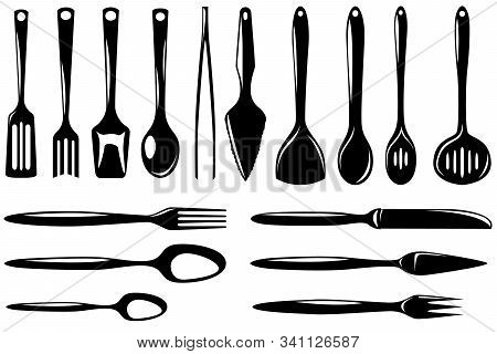Set Of Isolated Kitchenware Icons Skimmer, Ladle, Small Ladle, Draining Spoon, Slice And Other. Vect