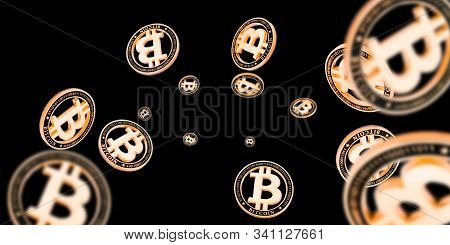 Bitcoin Wallet. Gold Falling Cryptomoney Isolated On Dark. Litecoin, Ethereum Cryptocurrency Backgro