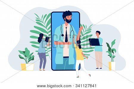 Online Doctor. Medical Consultation Mobile App. Tiny People Asking Internet Doctor Vector Concept. I