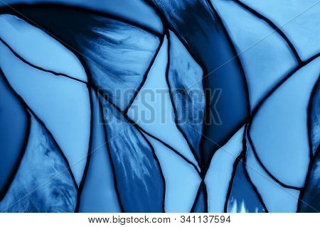 Photo Of A Small Fragment Of A Beautiful Stained Glass In Trendy Blue Color. Mockup For Your Design.